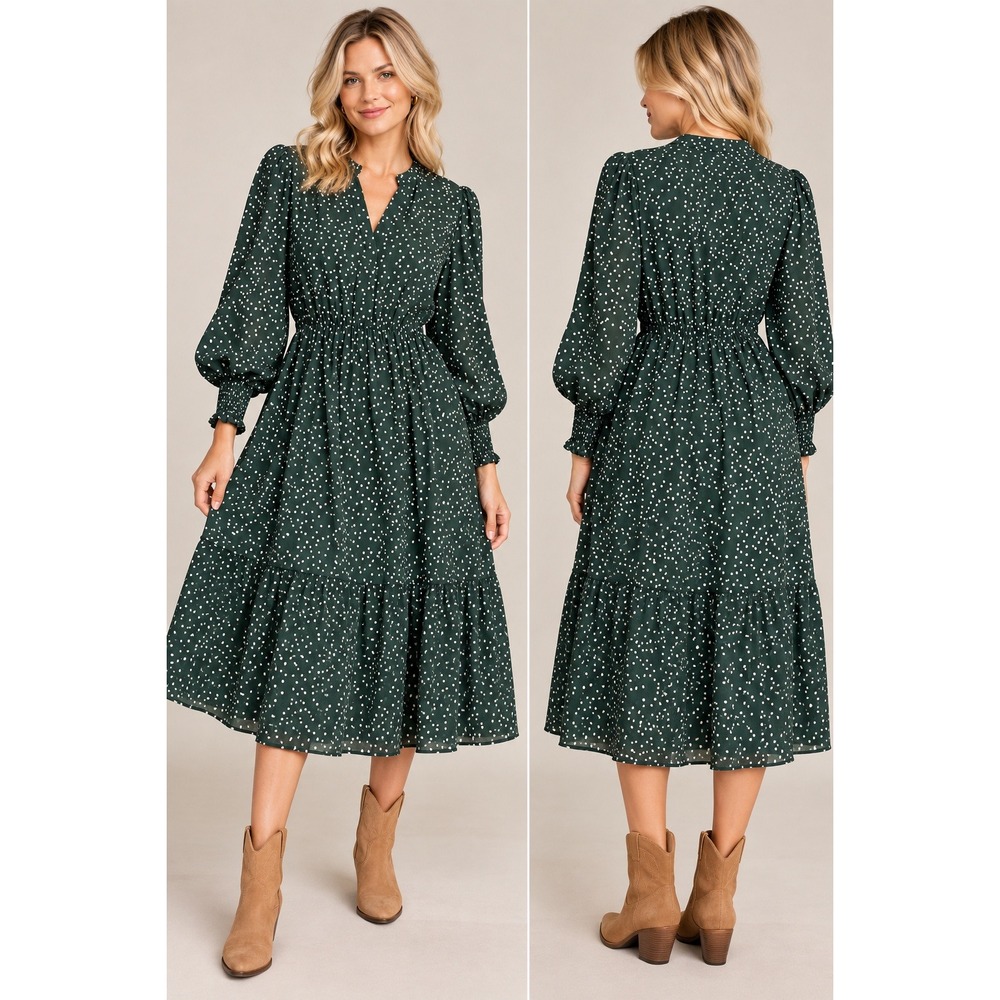 Curve Polka Dot Dress Womens 2XL Green Excellent Smocked Puff Sleeve Tier